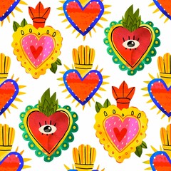 Wall Mural - Various colorful Sacred hearts. Traditional Mexican hearts. Different ornaments. Cartoon style. Hand drawn trendy illustration. Square seamless Pattern. Background, wallpaper design template