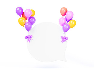 Poster - White speech bubble flying on bundles of colorful balloons 3d render. Chat icon for happy message, text, dialog. Blank round birthday banner frame for celebratory party, holiday sale. 3D illustration