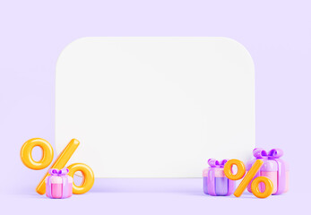 Poster - 3d render loyalty program with special offer. Blank white board mockup with gift boxes, gold percent on purple background. Birthday present, discount or bonus, sale promotion banner. 3D illustration
