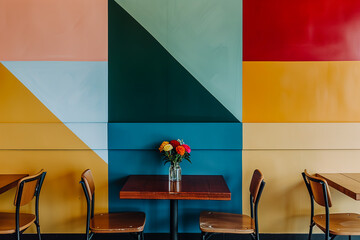 Wall Mural - Dinning table in colorful Mid century interior room design for cafe shop