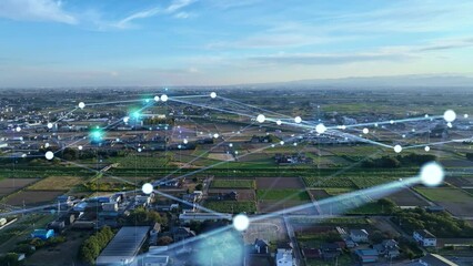 Poster - Modern agricultural area aerial view and communication network concept. IoT (Internet of Things). Smart city. Digital transformation.
