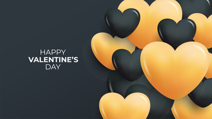 Poster - Happy Valentine's Day Festive Banner. Romantic background with 3d black and gold glossy hearts. Valentines Day holiday greetings. Vector Illustration.