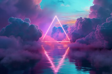 Wall Mural - glowing ethereal neon triangle geometric shape in clouds with water reflection