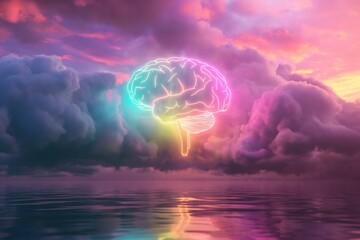 Wall Mural - glowing ethereal neon brain cortex shape in clouds with water reflection