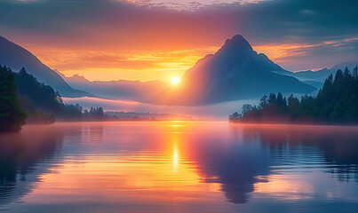 Wall Mural - vibrant sunset over a serene lake, with colorful reflections shimmering on the water.