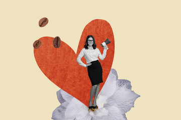 Canvas Print - Collage artwork picture of charming businesswoman telling toa valentine day announcement isolated beige color background