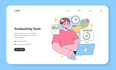 Poster - Efficient work concept. Young professional using laptop, surrounded by charts, graphs, and a clock, focusing on task and tracking time. Seamless productivity in action. Flat vector illustration