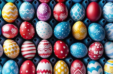 Wall Mural - Many Easter painted eggs lie in rows. Holiday traditions concept