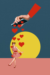 Aufkleber - Creative trend collage of vintage girl dancing hand hold smartphone valentine day dating love concept weird freak bizarre unusual fantasy