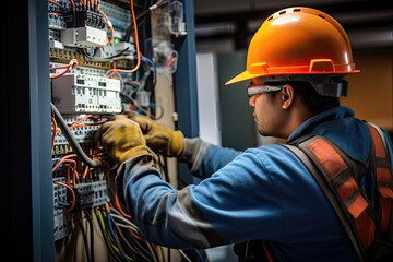 Focused electrician repairing electrical box with cables.