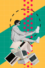 Aufkleber - Vertical collage of elegant black white colors girl sit pile stack laptop monitor keyboard tying shoelaces isolated on drawing checkered background