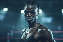 Generative AI Image Of A Confident African American Female Boxer With Braids And Sweat All Over Her Standing In A Gym