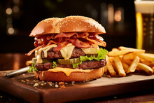 Juicy Bacon Cheeseburger With Fries And Beer Generative AI Image