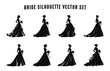 Bride with bouquet Silhouette vector art Set, Brides Clipart black and white silhouettes collection, Beautiful woman bride silhouette bundle