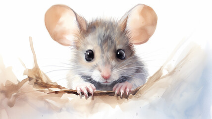 Wall Mural - cute mouse, watercolor illustration on a white background