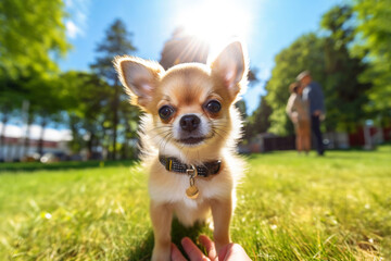 Wall Mural - Portrait of cute chihuahua puppy in park on summer sunny day. owner carefully holds dog in his arms