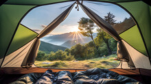 A Camping Tent In The Nature Hiking Spot, View From Inside The Tent