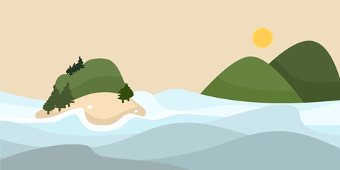 The center of the ocean and And there is a small island in the middle of the sea, far away, you can see the mountains.Vector illustration of The evening sky, sunset, water blue, green, trees.