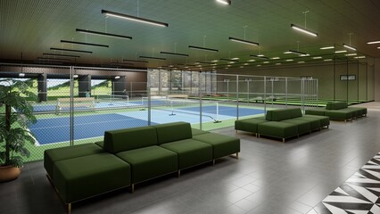 indoor pickleball court with blue and green color 3d render illustration sport complex