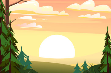 Wall Mural - morning sunrise in forest landscape. countryside. fields and vegetable gardens. funny cartoon style.