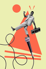 Poster - Vertical vintage photo collage of funky guy have fun stand on big microphone boombox dance music sing karaoke club on creative background