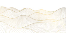 Vector Line Japanese Art, Mountains Background, Landscape Dessert Texture, Wave Pattern Illustration. Golden Minimalist Drawing.
