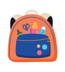 Wall Mural - School backpack of colorful set. This cartoon-themed illustration featuring a backpack represents the spirit of learning and the adventures that await students in the classroom. Vector illustration.