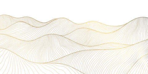 Vector line japanese art, mountains background, landscape dessert texture, wave pattern illustration. Golden minimalist drawing.