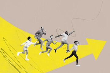 Poster - Creative collage picture illustration black white filter five successful excited happy colleagues jump arrow way sketch exclusive template