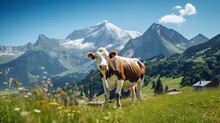 Cow grazing in a mountain meadow in Alps mountains, Tirol, . View of idyllic mountain scenery in Alps with green grass and red cow on sunny day. European mountain landscape