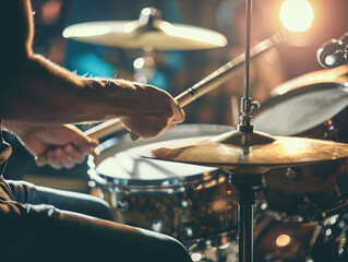 Close-up of a drummer playing with sticks in motion, vibrant live music scene.