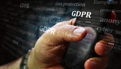 Poster - GDPR privacy data protection news titles on screen in hand 3d illustration