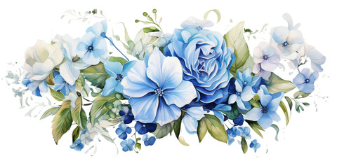watercolor floral illustration - bouquet with bright blue vivid flowers, green leaves - 1