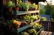 Urban garden, small or mini English flowers vertical patio garden nice and green fresh start of the spring for growing your own vegetables.