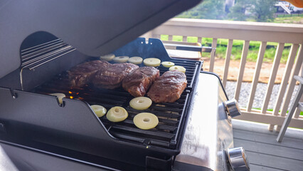 Wall Mural - Outdoor Cooking. Grilling Dinner on Two-Burner Gas Grill