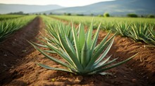 Aloe Vera Plantation Panorama. Medicine Cactus Growing Landscape