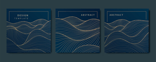 Wall Mural - Vector set of art deco cards, line wave patterns, japanese style sea illustrations. Vintage luxury abstract graphic, gold shape elements