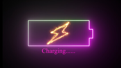 Poster - Glowing neon battery icon with lightning bolt on a black background. Lightning blinking purple bolt symbol