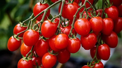 Wall Mural - ripe red tomatoes bush in greenhouse with varying stages of ripeness and natural light