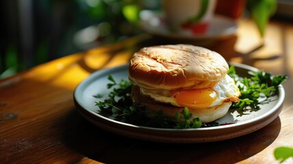 Wall Mural - Egg sandwich on a plate with greens, in sunlight
