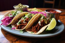 barbecue tacos on a plate on wooden table at mexican restaurant