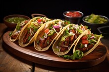 barbecue tacos on wooden board at mexican restaurant with spicy sauce, guacamole and lime