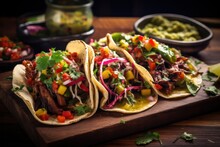 barbecue tacos on wooden board at mexican restaurant with spicy sauce, guacamole and lime