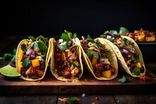 tacos with pork or chorizo at mexican restaurant served on wooden board 