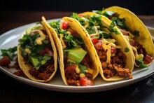 tacos with pork or chorizo at mexican restaurant served on wooden board 