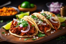 tacos al pastor with spit-grilled slices of pork with onion at mexican restaurant served on wooden board with lime