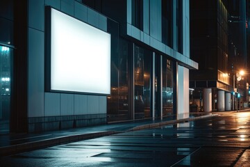 Poster - A vacant billboard stands tall on a dimly lit city street. Perfect for advertising, showcasing promotions, or displaying messages.