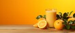 Vibrant orange juice in glass on wooden table, against soft orange background with text space