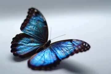 Poster - A beautiful blue butterfly perched on a pristine white surface. Perfect for nature lovers and those seeking a touch of elegance in their designs