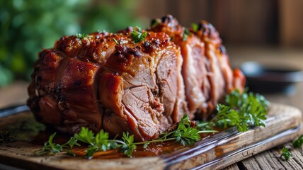 Wall Mural - Close-up of juicy roasted pork with a herb garnish on a wooden board